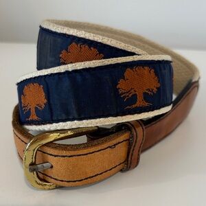 Men's canvas & leather belt solid brass buckle tree pattern blue & brown 34”-36”